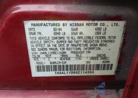 2005 Nissan Altima 2.5 S from USA, damaged, VIN 1N4AL11D95C114304